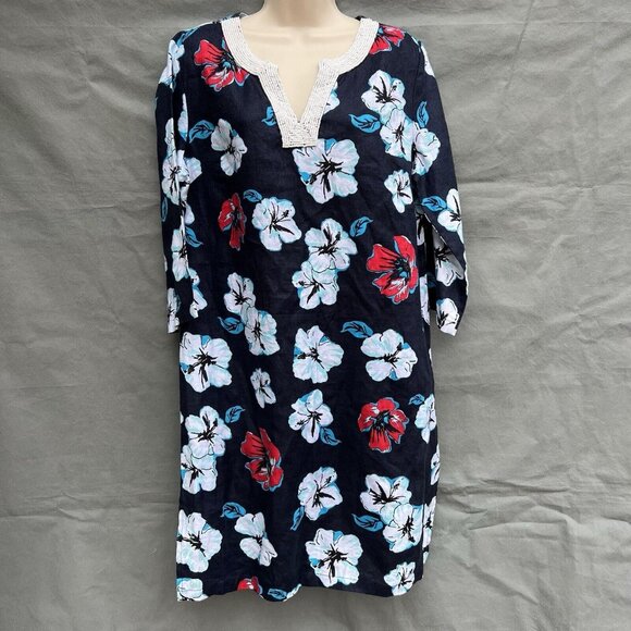 Talbots Tropical Tunic Dress Floral Hibiscus Beaded Neckline 100% Linen Blue M - Picture 1 of 7